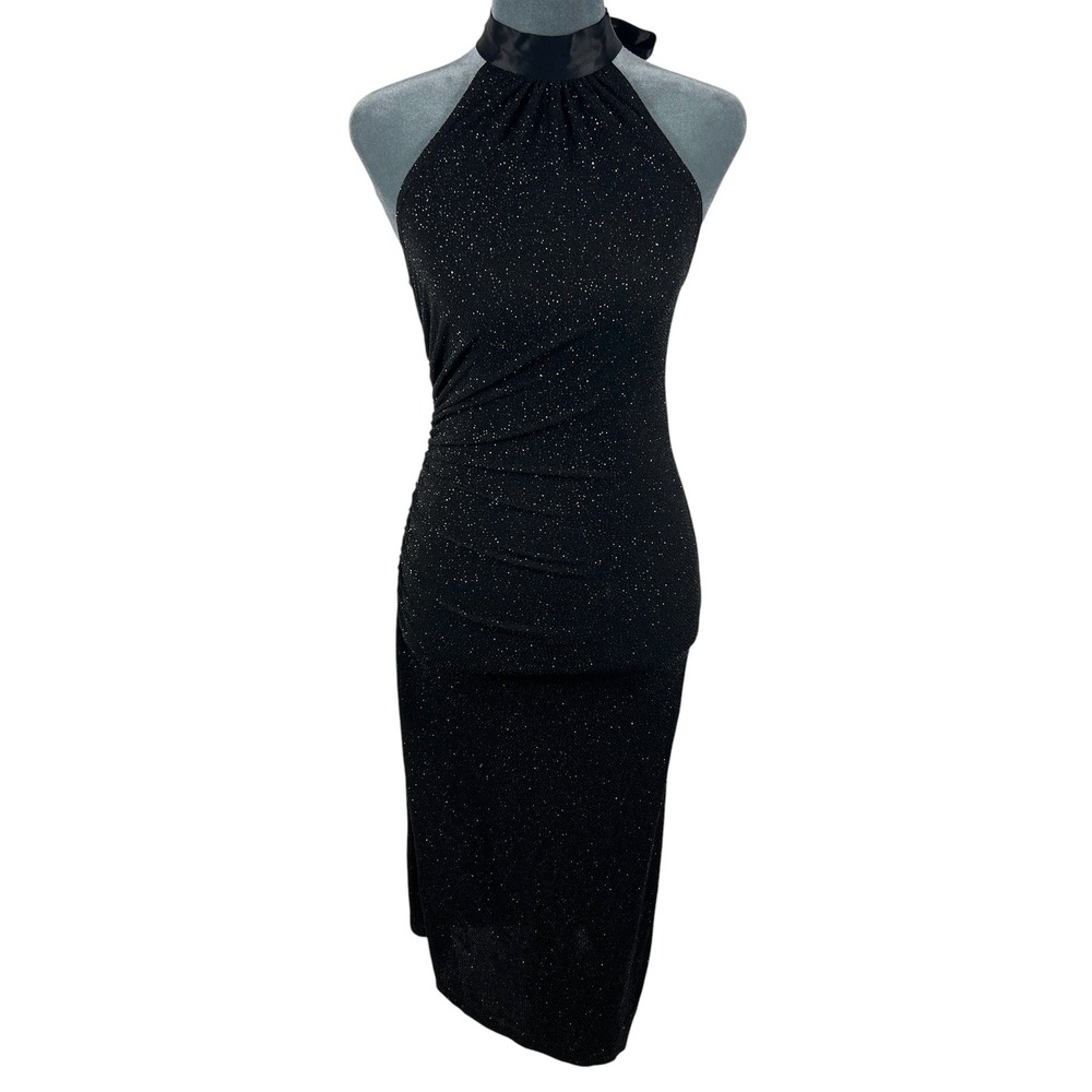My Michelle Vintage Halter Dress Small Black Silver Glitter Ruched Y2K Fairy USA